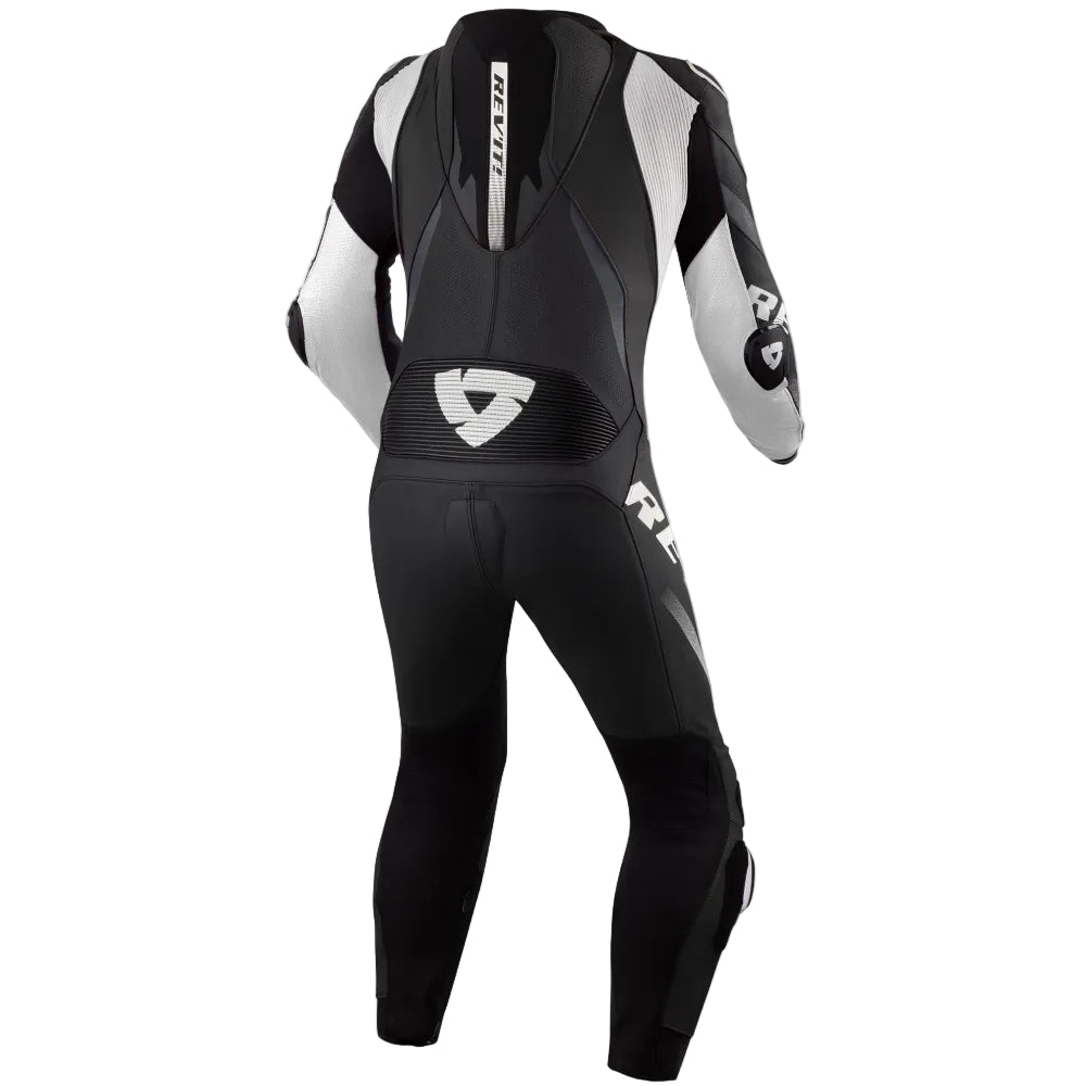 Black and white motorcycle suit with visible branding on a white background