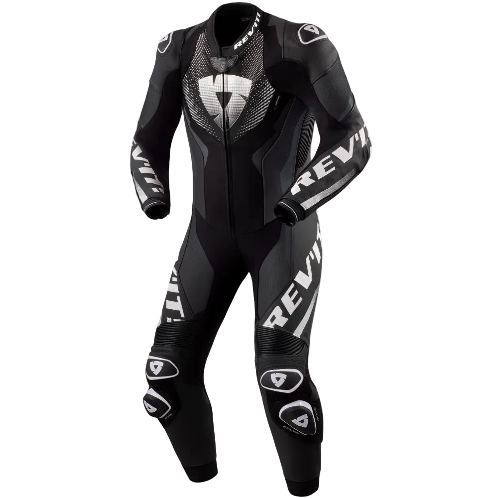 Black motorcycle racing suit with Rev'it logo on a white background
