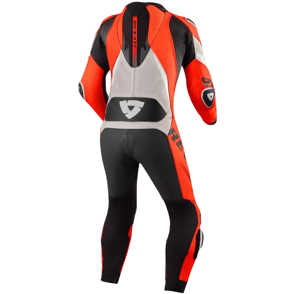 Motorcycle racing suit with red, black, and gray design on a white background