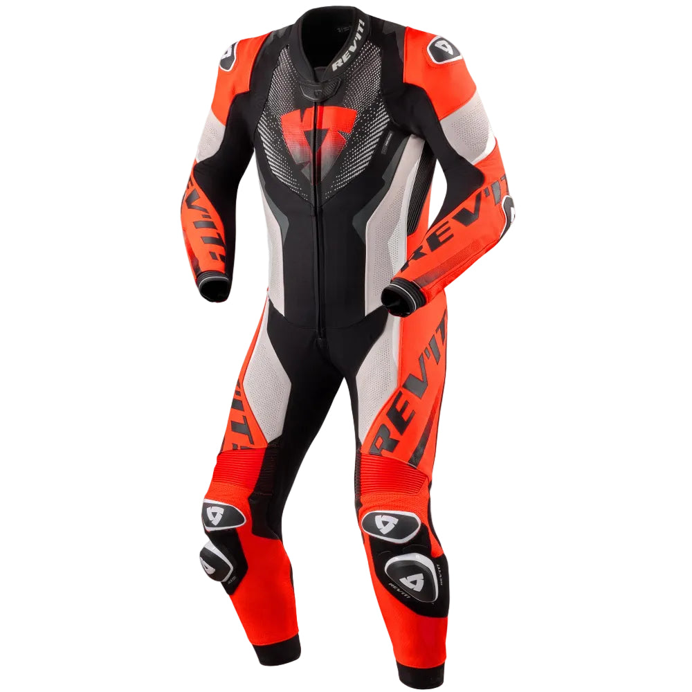 Motorcycle racing suit with red, black, and white design on a white background