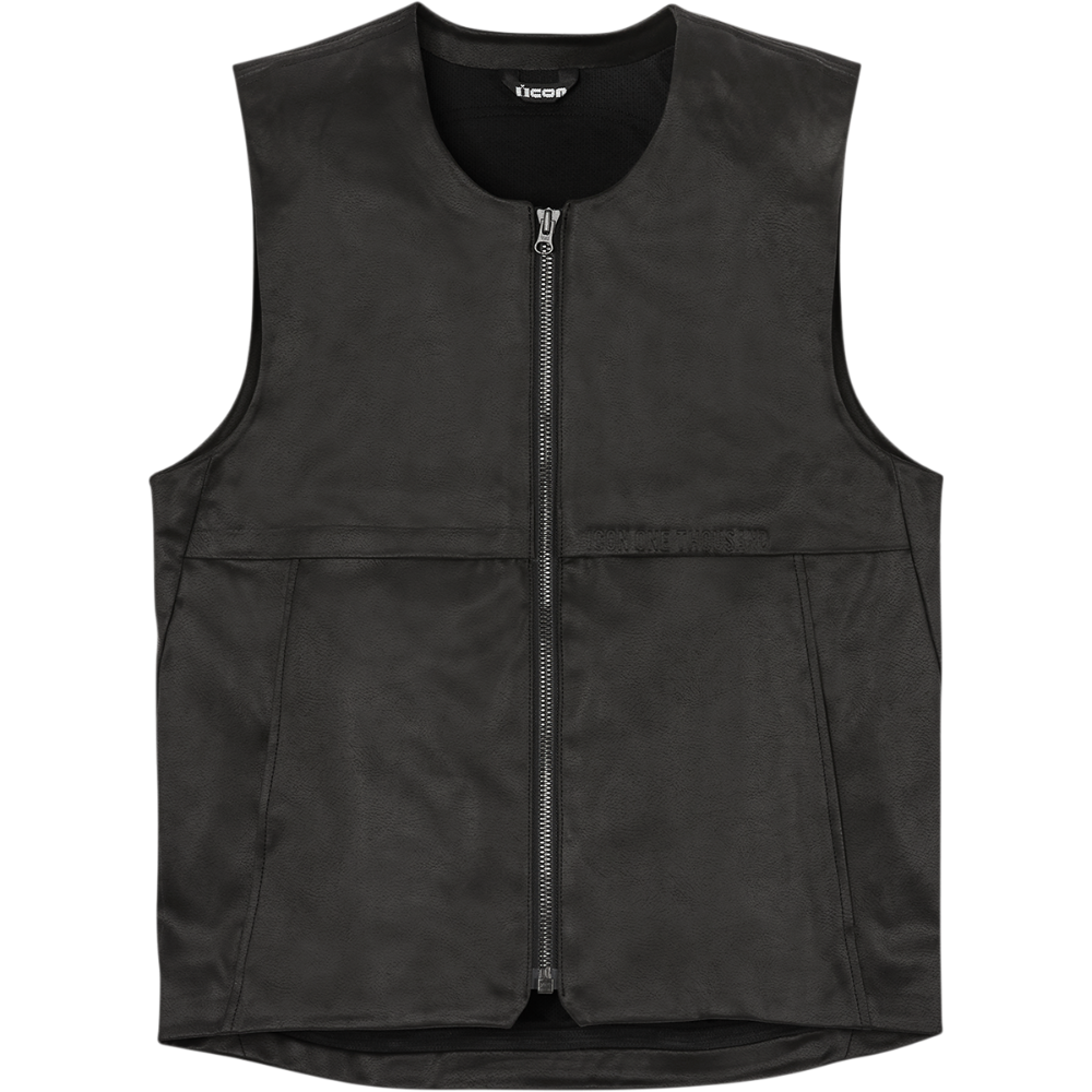 A black sleeveless zip-up vest with a front zipper, shown flat against a white background.