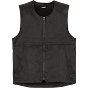 A black sleeveless zip-up vest with a front zipper, shown flat against a white background.