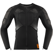 A black long-sleeve technical athletic jacket with integrated armor plates and textured mesh panels on the shoulders and sides, featuring a full-length front zipper and a small orange logo patch near the bottom hem.