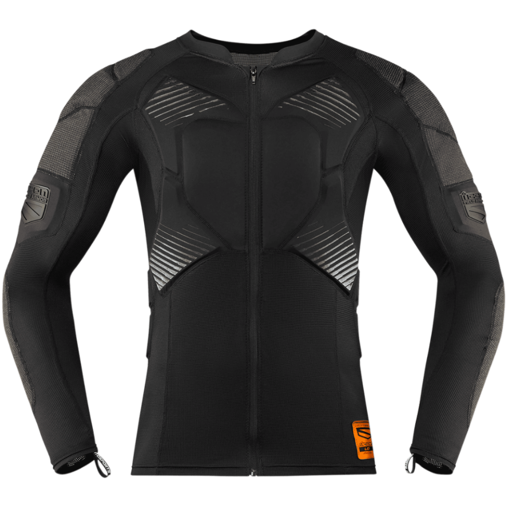 A black long-sleeve technical athletic jacket with integrated armor plates and textured mesh panels on the shoulders and sides, featuring a full-length front zipper and a small orange logo patch near the bottom hem.