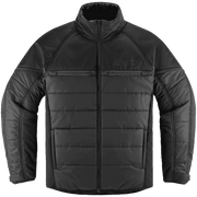 A black full-zip puffer jacket with a stand-up collar, quilted horizontal chest panels, zippered chest pockets, and a tonal 'icon' logo on the left chest, shown on a plain white background.