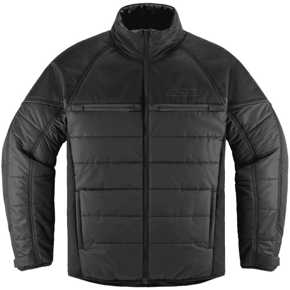 A black full-zip puffer jacket with a stand-up collar, quilted horizontal chest panels, zippered chest pockets, and a tonal 'icon' logo on the left chest, shown on a plain white background.