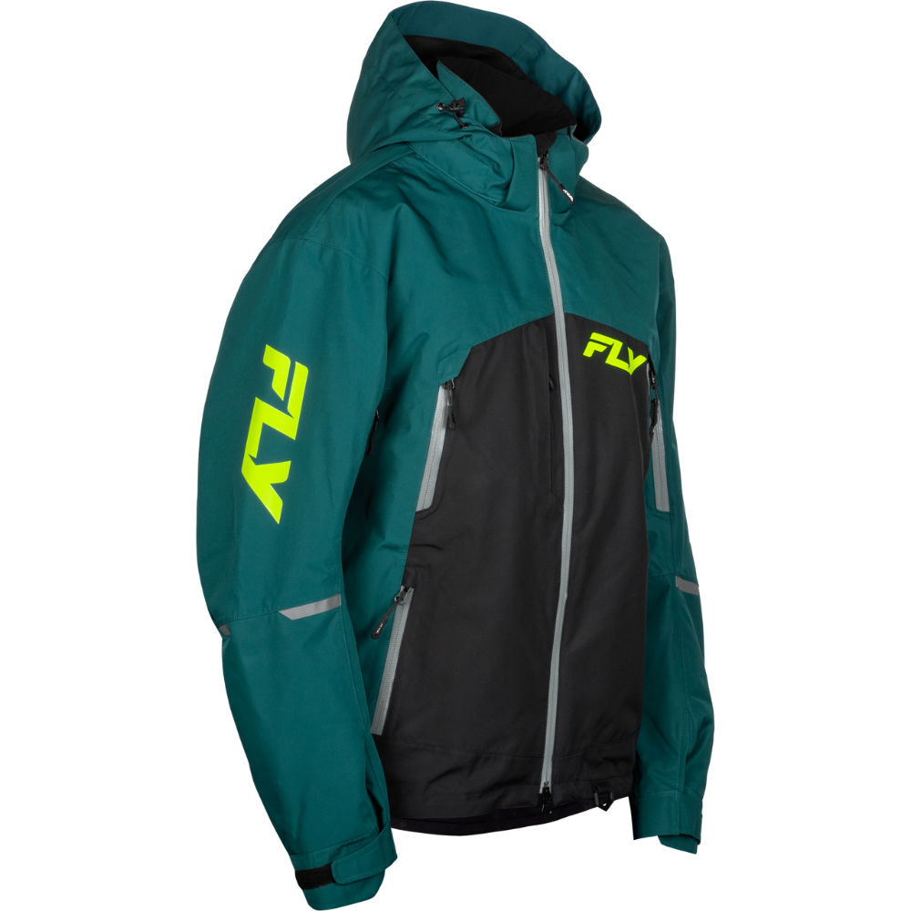 Teal and black jacket with 'FLY' branding on a white background
