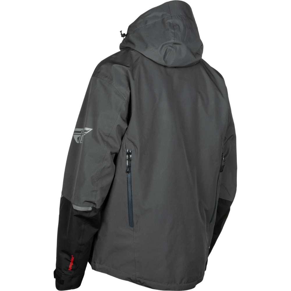 Dark gray jacket with a hood on a white background