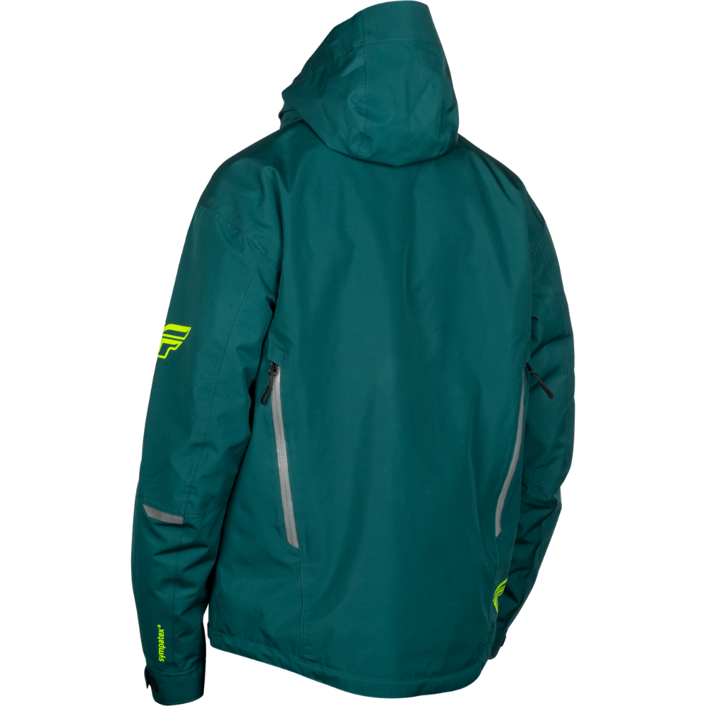 Teal jacket with gray accents on a white background