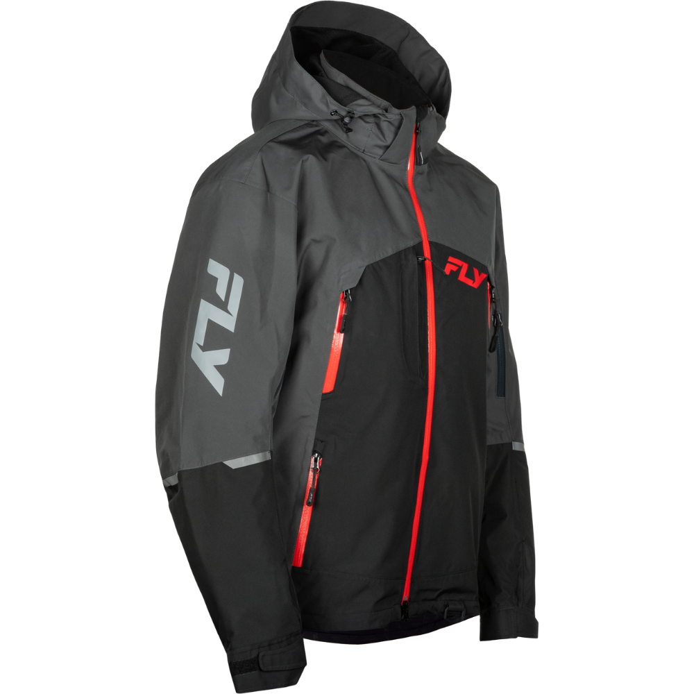 Black and gray jacket with red accents on a white background