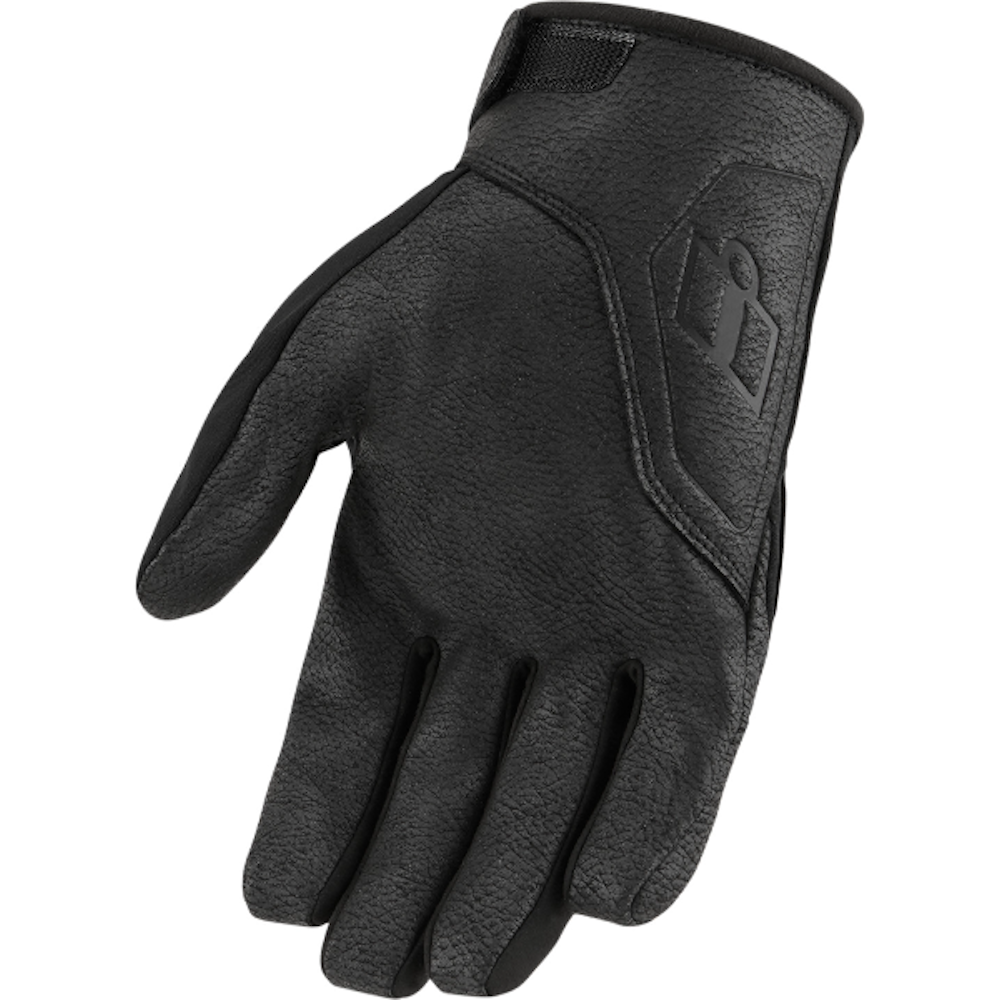 A black full-finger glove with textured black leather-like palm and wrist strap, shown against a solid white background.