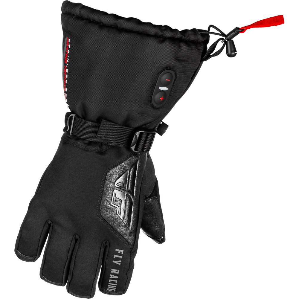 Black glove with digital display and control buttons on a white background