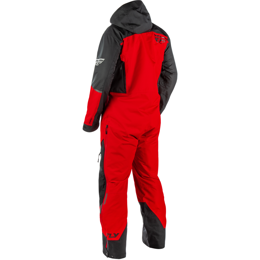Red and black one-piece snowmobile suit shown from the back, featuring a hood, white logo on the left sleeve, and a red logo on the upper back, set against a plain white background.