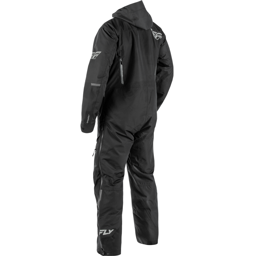 Black Fly Racing hooded one-piece jumpsuit shown from the back, featuring silver logo details and zippers, on a plain white background.