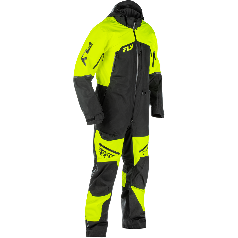 A high-visibility neon yellow and black one-piece snowsuit with the brand logo 'FLY' on the chest and upper arm, shown on a plain white background.