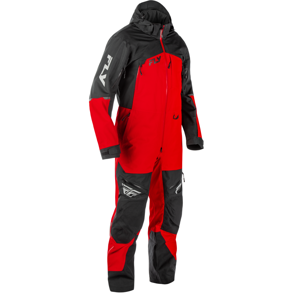A red and black one-piece snowsuit with a hood, featuring the Fly Racing logo on the sleeve and thigh, displayed on a white background.