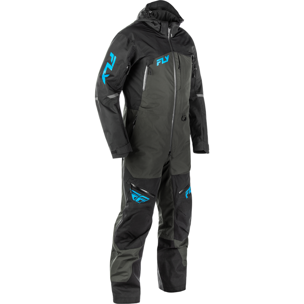 A black and dark gray fly fishing wetsuit with bright blue FLY logos on the chest, upper arm, and lower leg, displayed on a clean white background.