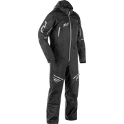 A black Fly Racing snowsuit with reflective gray details and white logo branding, shown on a plain white background.