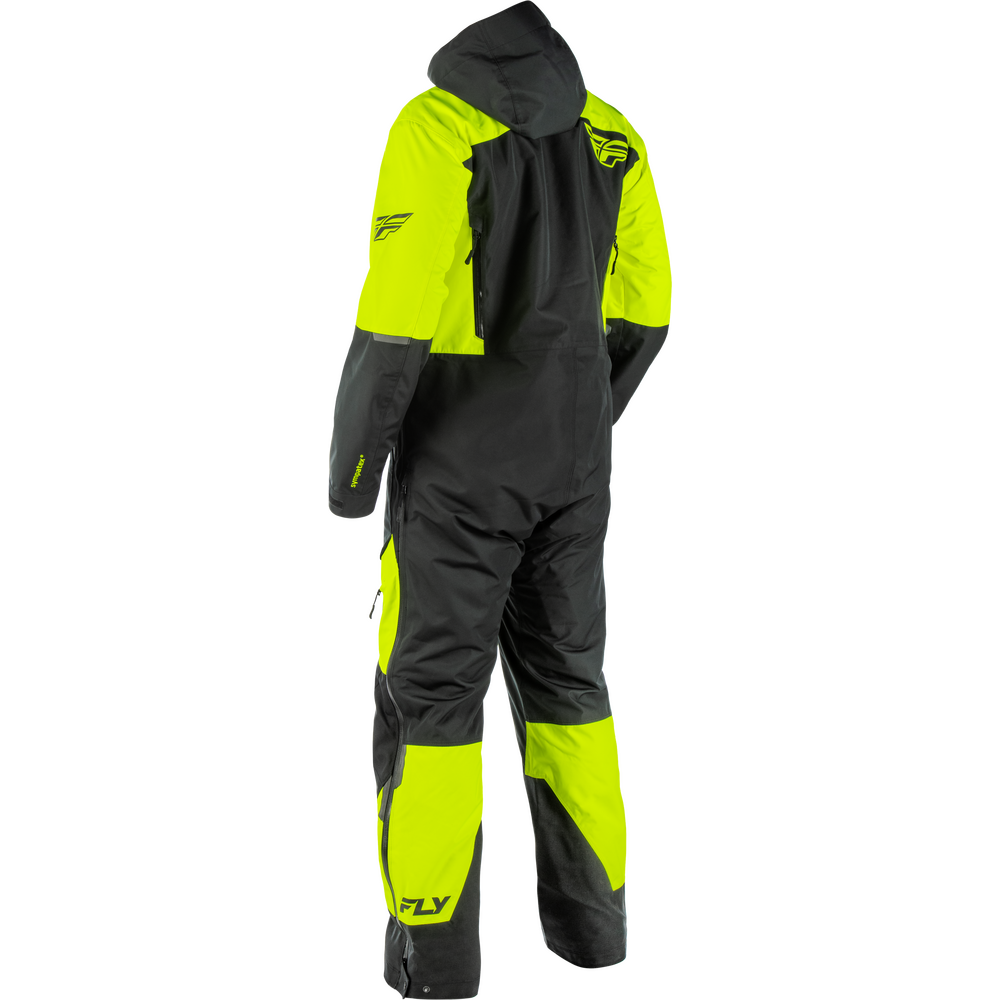 A black and neon yellow high-visibility hooded one-piece snowsuit shown from the back on a white background.