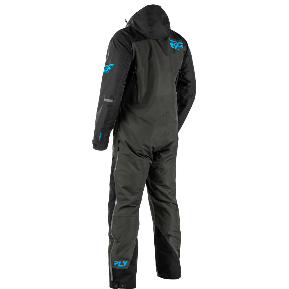 Black hooded snowsuit shown from the back, featuring bright blue FLY logos on the upper back and lower leg, with reflective gray striping on the sleeves and sides.