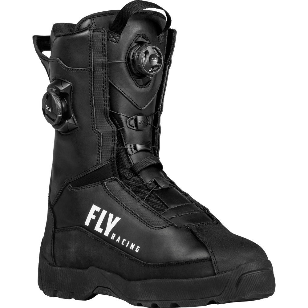 Black racing boot with Fly Racing logo on a white background