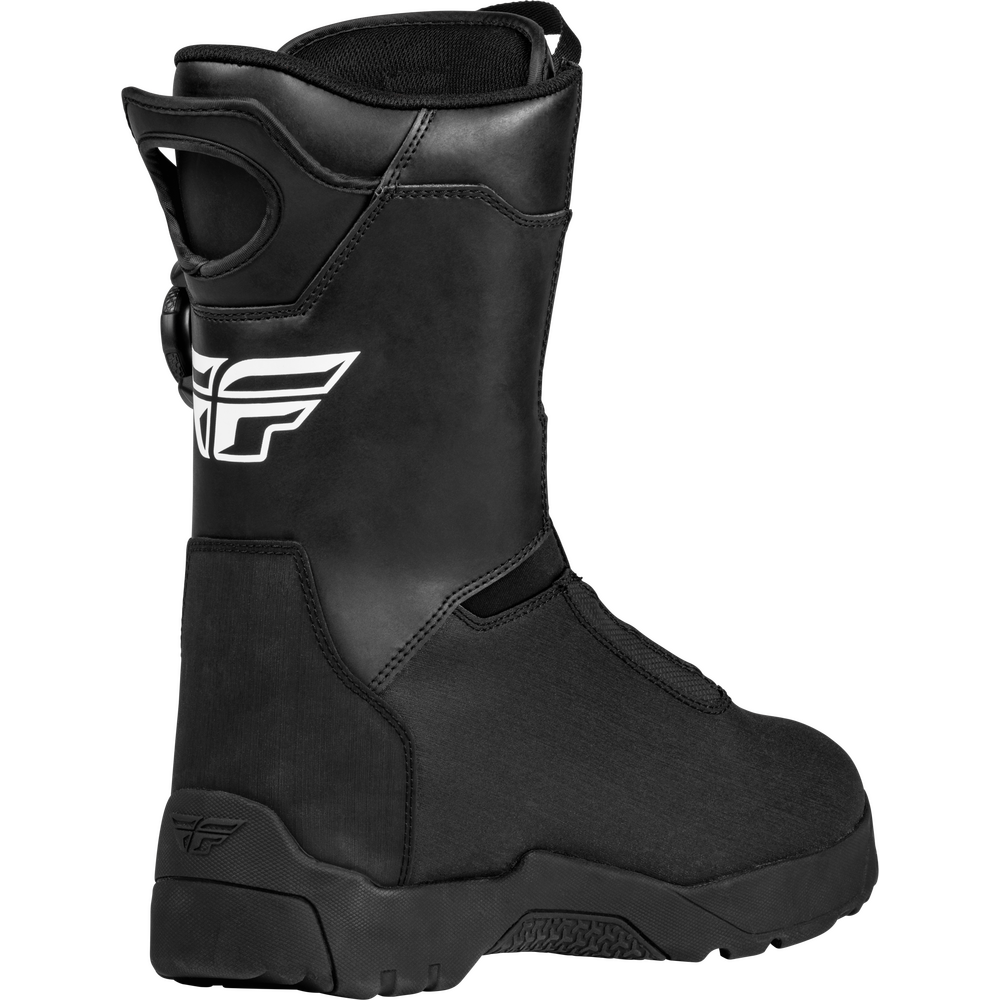 Black boot with a brand logo on a white background