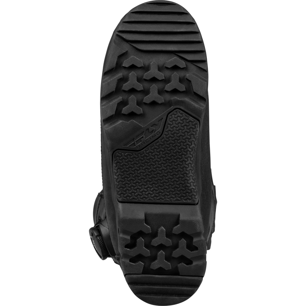 Close-up of a black boot sole with tread pattern on a white background