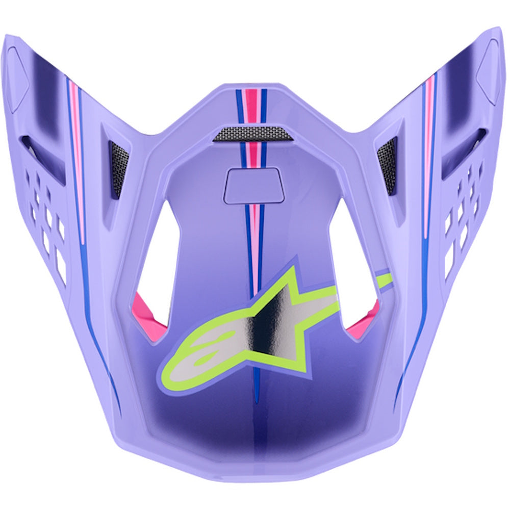 Purple helmet visor with a logo on a white background