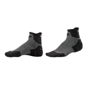 A pair of low-cut athletic socks in dark gray and black, shown from the side against a light off-white background.