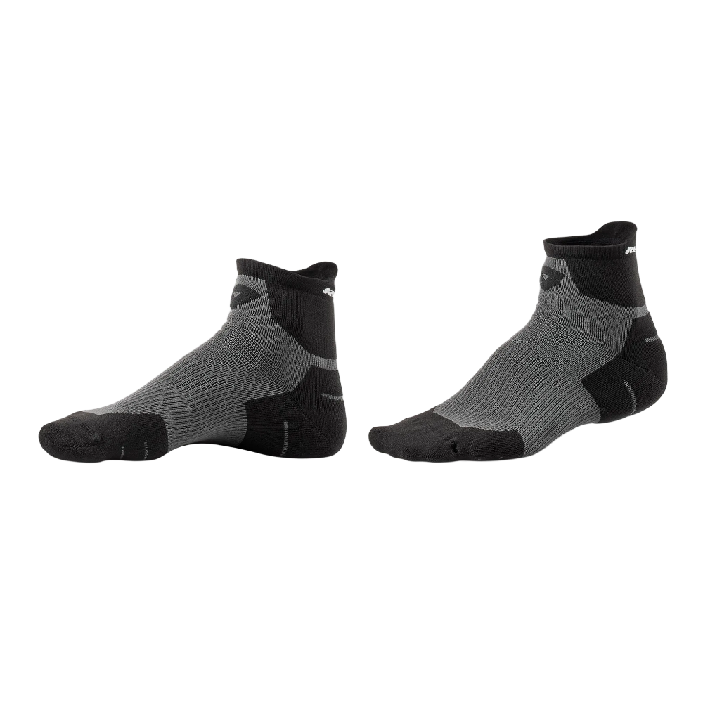 A pair of low-cut athletic socks in dark gray and black, shown from the side against a light off-white background.