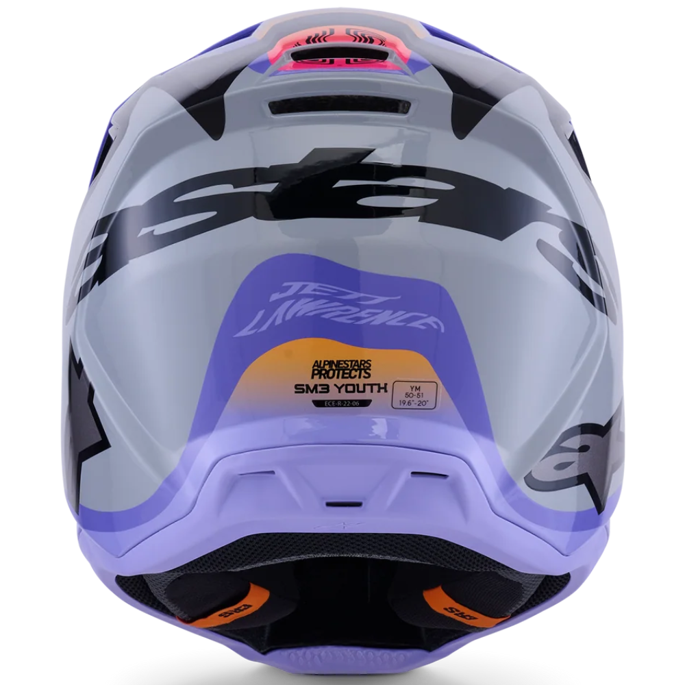 A front-facing view of a Troy Lee Designs full-face helmet in light gray and lavender purple, featuring black graphics and an orange and white 'Protests Bad Vocations' sticker on the lower front.