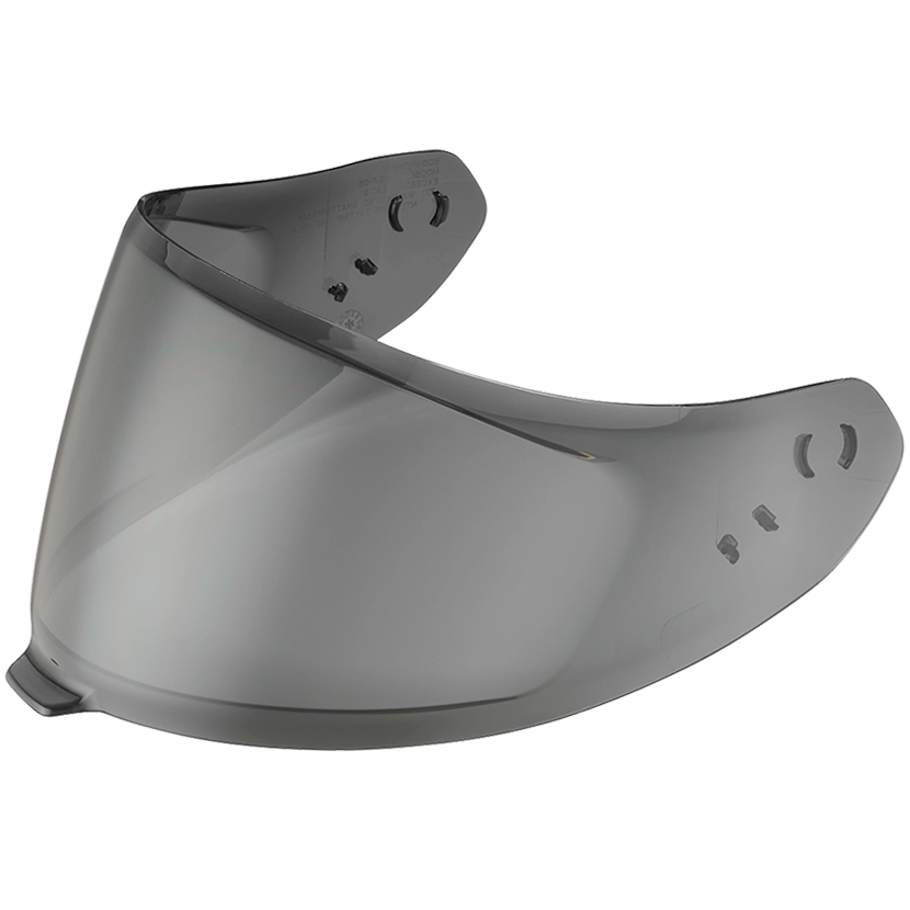 A dark gray tinted motorcycle helmet visor with mounting brackets on a solid white background.