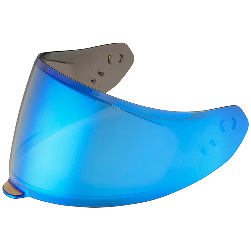 A motorcycle helmet visor lens with a blue-to-clear gradient reflective finish and a gray mounting frame, shown on a plain white background.