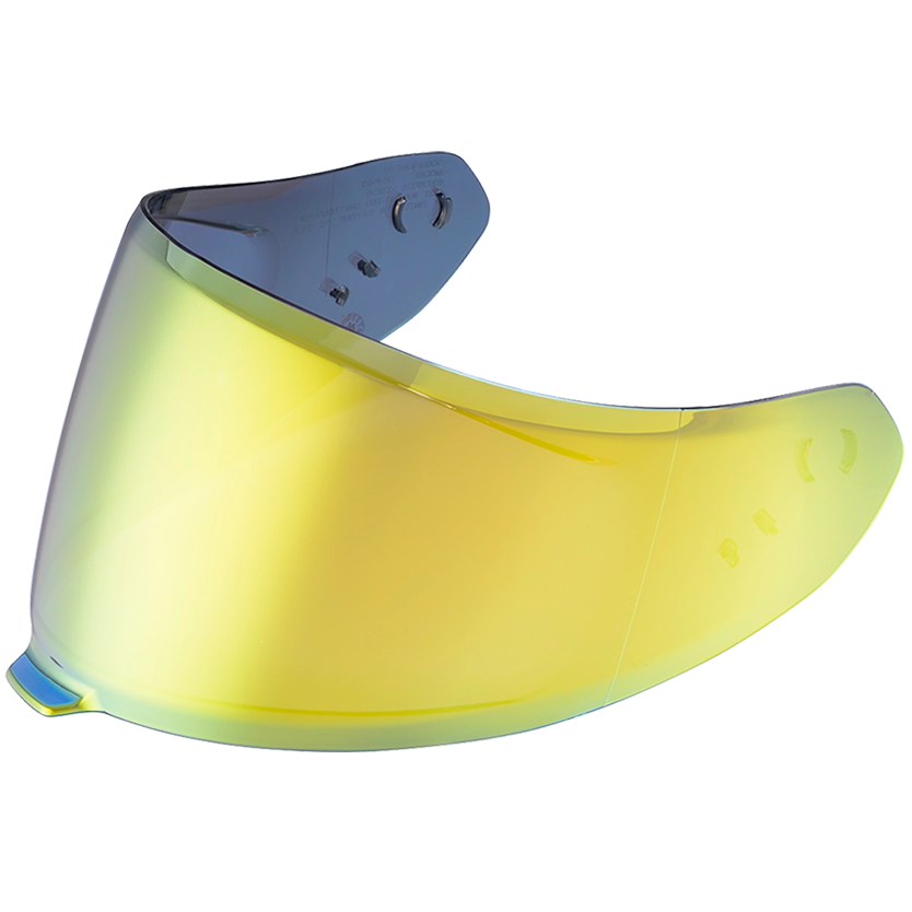 A motorcycle helmet visor lens with a reflective yellow-to-blue gradient, shown on a solid white background.