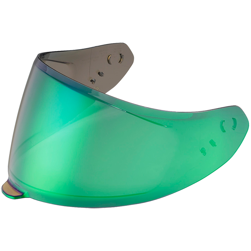 A motorcycle helmet visor lens with a vibrant green-to-blue gradient tint, shown against a solid white background.