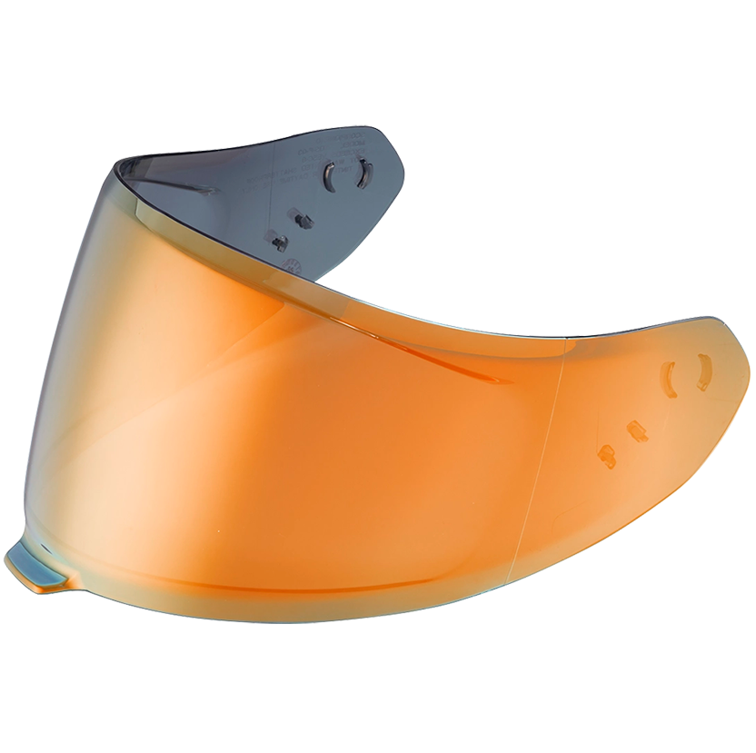 An orange-tinted motorcycle helmet visor lens with a dark gray mounting frame, shown on a solid white background.
