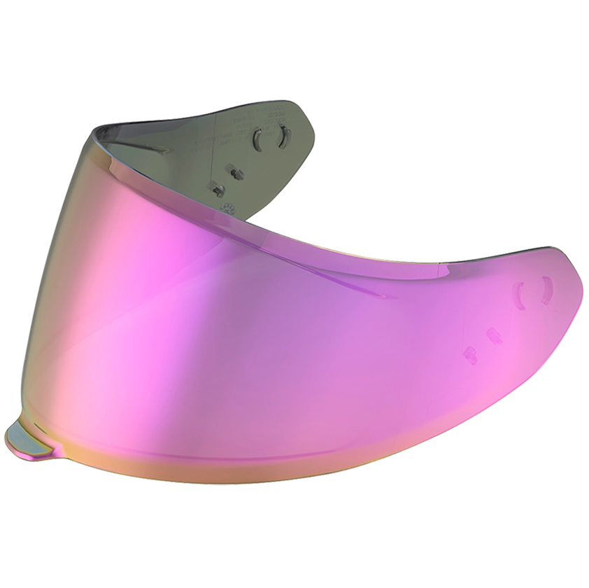 An iridescent motorcycle helmet visor lens with a pink, purple, and gold gradient, shown on a solid white background.