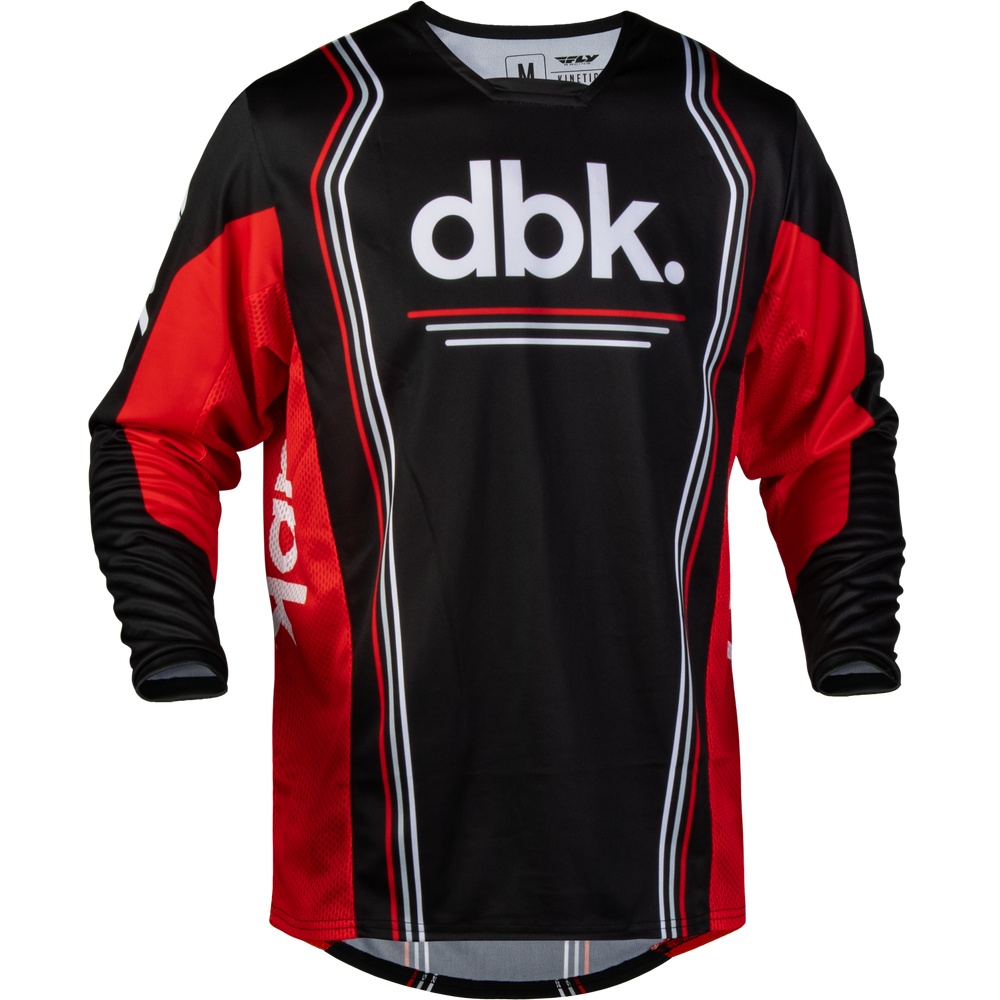 A long-sleeve motocross jersey in black and red with white and gray stripe accents, featuring a prominent white 'dbk.' logo on the chest.