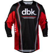 A long-sleeve motocross jersey in black and red with white and gray stripe accents, featuring a prominent white 'dbk.' logo on the chest.