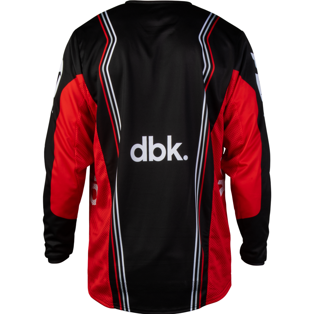 A long-sleeve athletic jersey shown from the back, featuring a black body with red side panels and sleeves, accented by white and gray diagonal stripes. The brand name 'dbk.