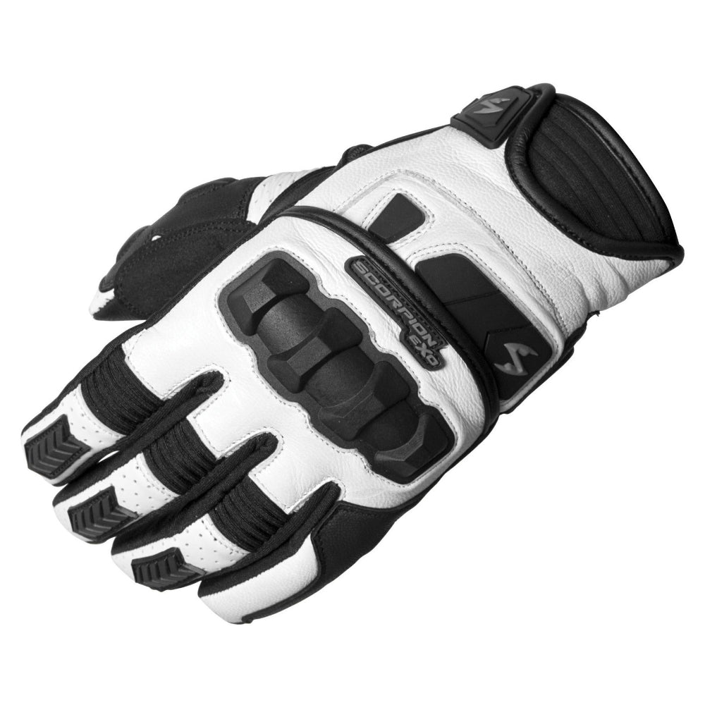White and black motorcycle glove with brand logo on a white background