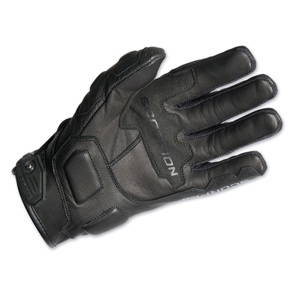 A single black leather motorcycle glove shown from the back, featuring protective padding and the brand name 'STATION' printed vertically on the back of the hand, set against a plain white background.