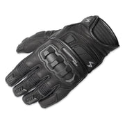 A black leather motorcycle glove with protective knuckle guards and textured grip panels, shown on a plain white background.