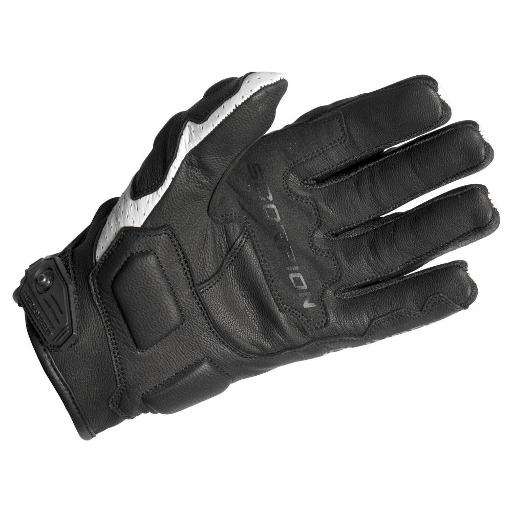 Black motorcycle glove with white accents on a white background