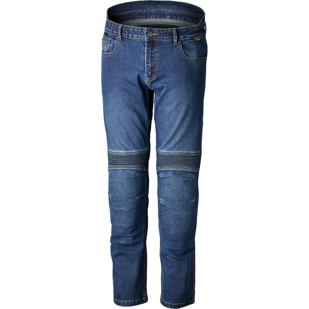 Blue denim jeans with integrated dark gray protective armor panels on the thighs and knees, shown against a plain white background.