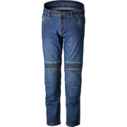 Blue denim jeans with integrated dark gray protective armor panels on the thighs and knees, shown against a plain white background.