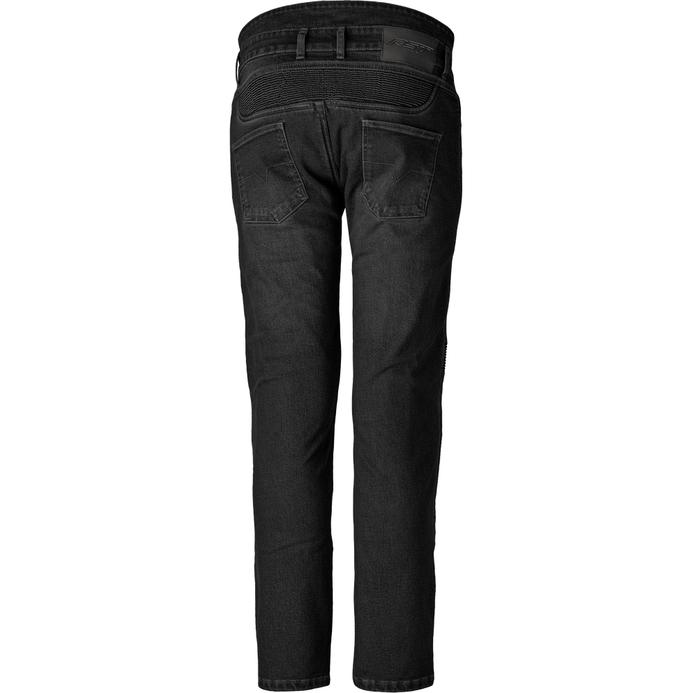 Black slim-fit jeans shown from the back, featuring a dark waistband with belt loops and two back pockets, on a plain white background.
