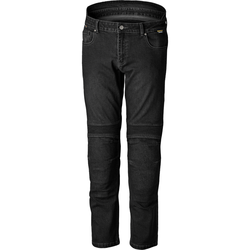 Black motorcycle-style denim jeans with reinforced knee panels, shown on a plain white background.