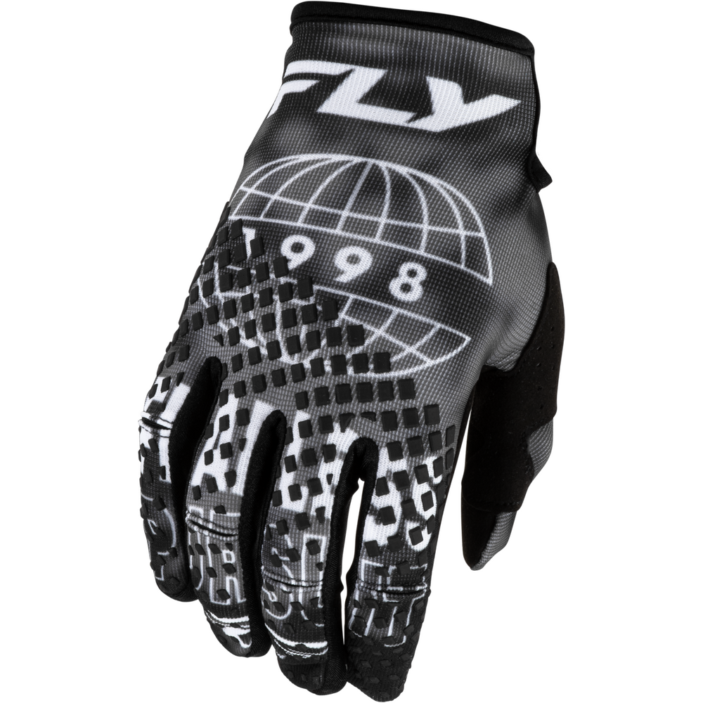 A single black and white motocross glove with a white 'FLY' logo on the cuff, a white globe graphic, and '1998' printed on the back, shown against a plain white background.