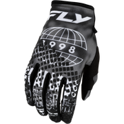 A single black and white motocross glove with a white 'FLY' logo on the cuff, a white globe graphic, and '1998' printed on the back, shown against a plain white background.